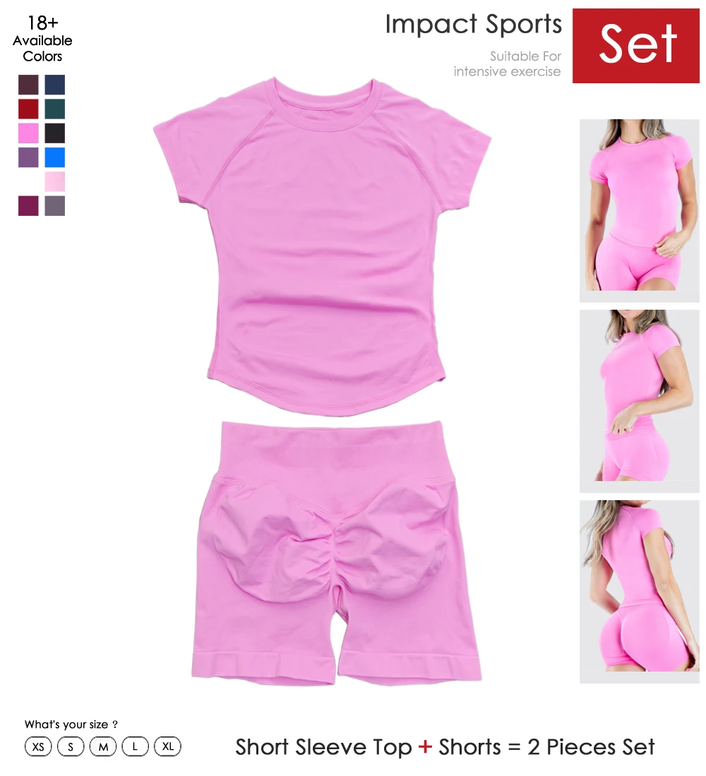 

Womens Impact Sports Short Sleeve Top Shorts Set Seamless Yoga Fitness Shorts Sets Workout Running Sports Shorts Gym Suit