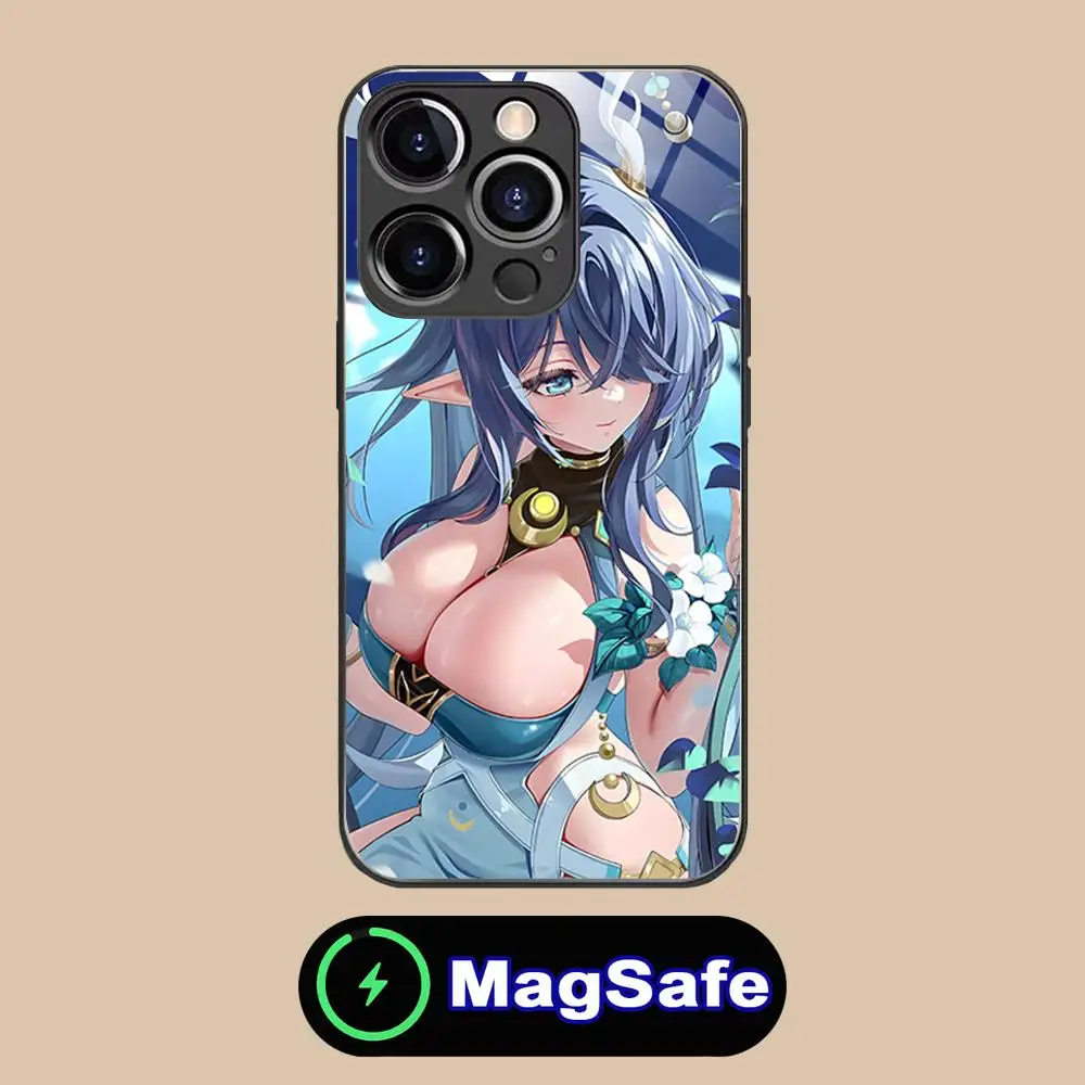 حافظة هاتف محمول Genshin Impact Ecchi لهاتف iPhone 16 15 14 13 12 11 Pro Max Plus Mini MagSafe غطاء حماية بلون زجاجي