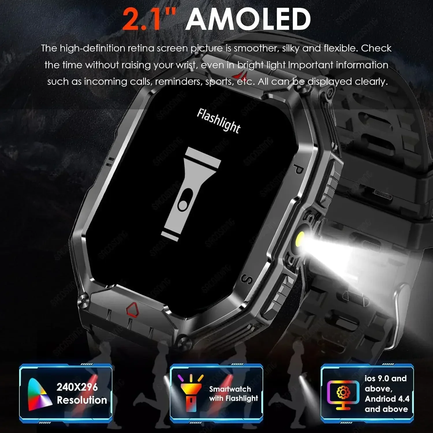 For Xiaomi Smart Watches Men Women AMOLED Military Smartwatch with LED Flashlight Bluetooth Call Fitness Watch Tracker Sports