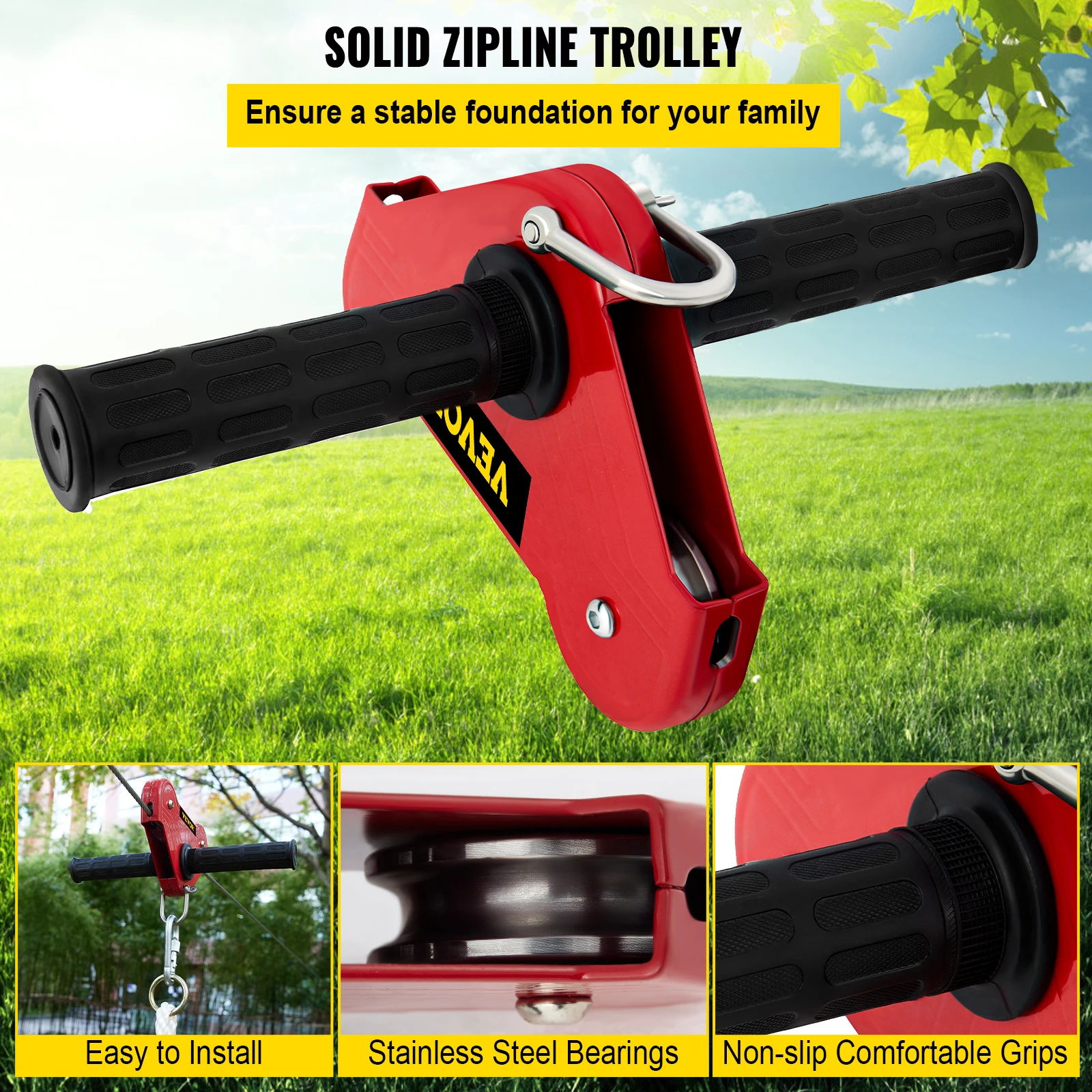 VEVOR 100FT Khóa Kéo Dòng Bộ Dụng Cụ Dùng Cho Sân Sau Đường Zip Dành Cho Trẻ Em Và Người Lớn, kèm Ghế Ngồi Xích Đu Đường Zip Phanh Và Thép Xe Đẩy