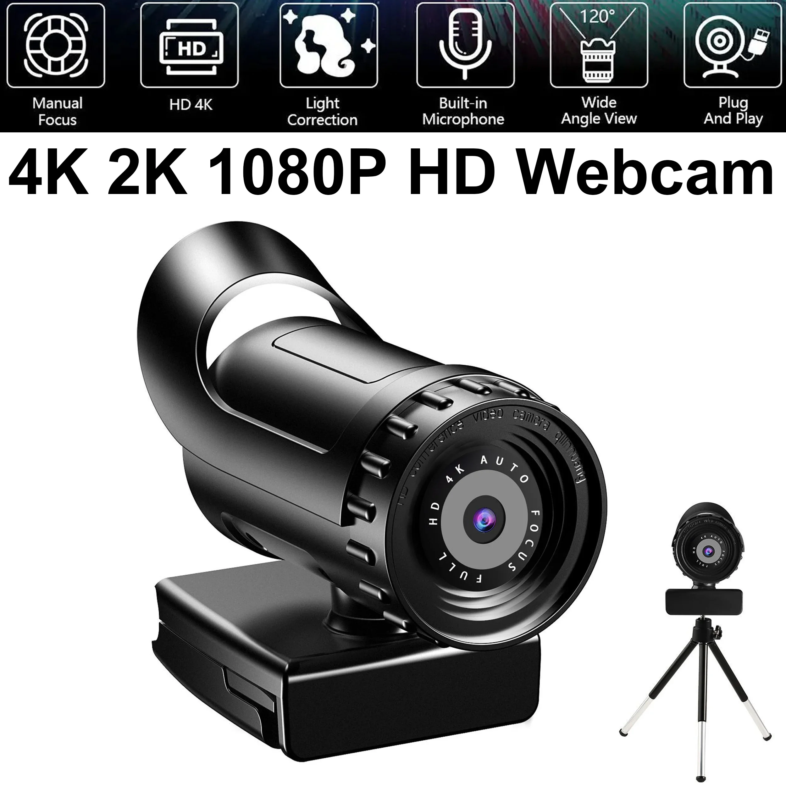 กล้องเว็บแคม4K 2K โฟกัสอัตโนมัติพีซีกล้องเว็บแคมมุมกว้าง1080P ความละเอียด HD เต็มรูปแบบพร้อมไมโครโฟนสำหรับการประชุมวิดีโอสตรีมมิ่งสด