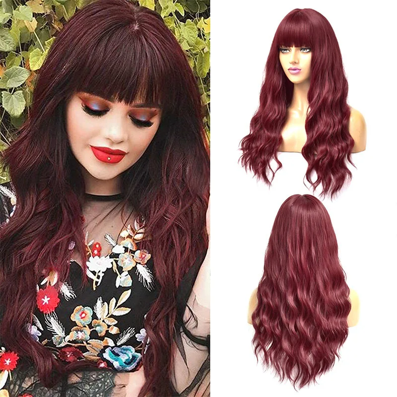 Hot selling women's wine red large wavy long curly hair with neat bangs synthetic fiber headband  wigs