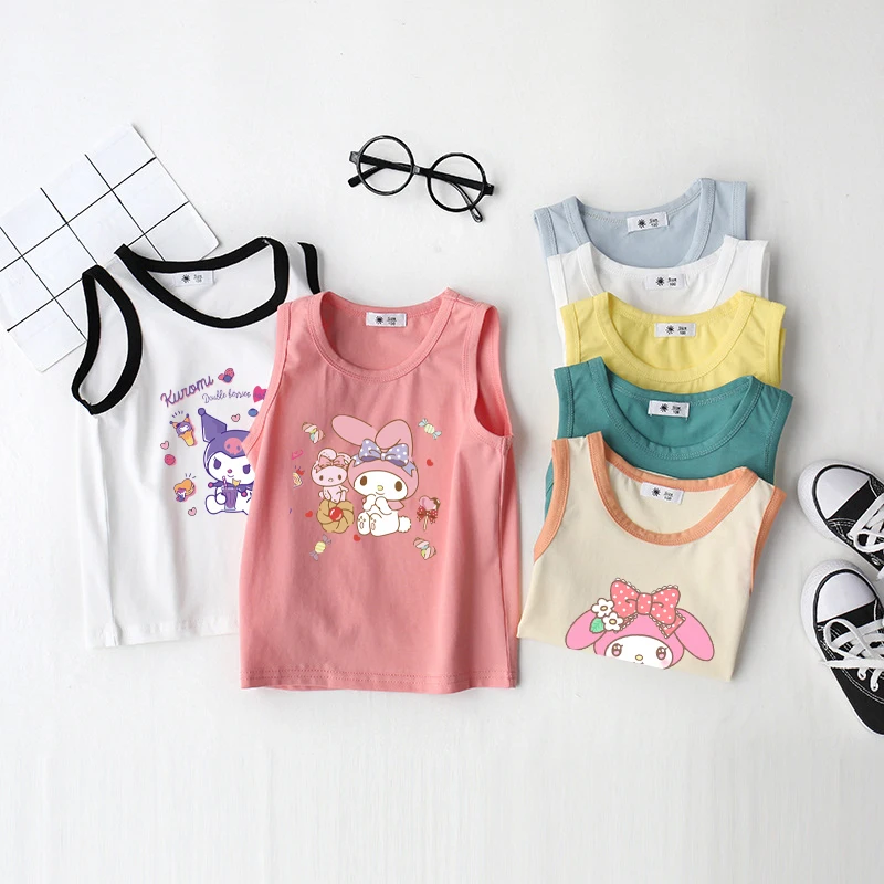 

New Sanrio Hello Kitty Cinnamoroll Children Undershirts My Melody Kuromi Cartoon Printing Summer Sleeveless Shoulder Top T-Shirt