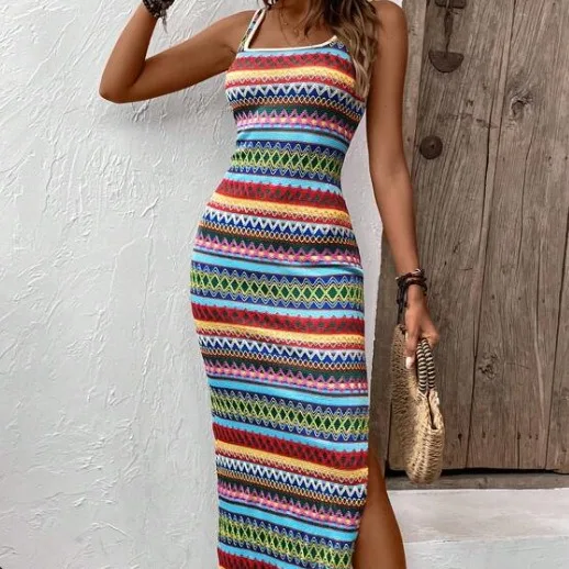 Women's Personalized Striped Sleeveless Square Collar Dress, Sexy Summer Dress, Casual Fashion