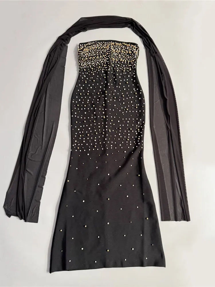 Ele Long Sve Evening Dr con punzón, vestido drapeado con cuentas y tirantes adornados para aniversario de boda Par