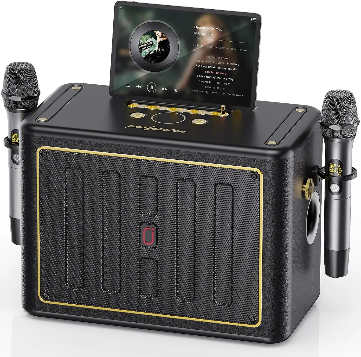 Portable Bluetooth Karaoke PA System with 2 Wireless Microphones, Bass and Treble Adjustments, Supports TV Connection, USB, TF, AUX, and Bluetooth, Perfect for Home Party Singing.