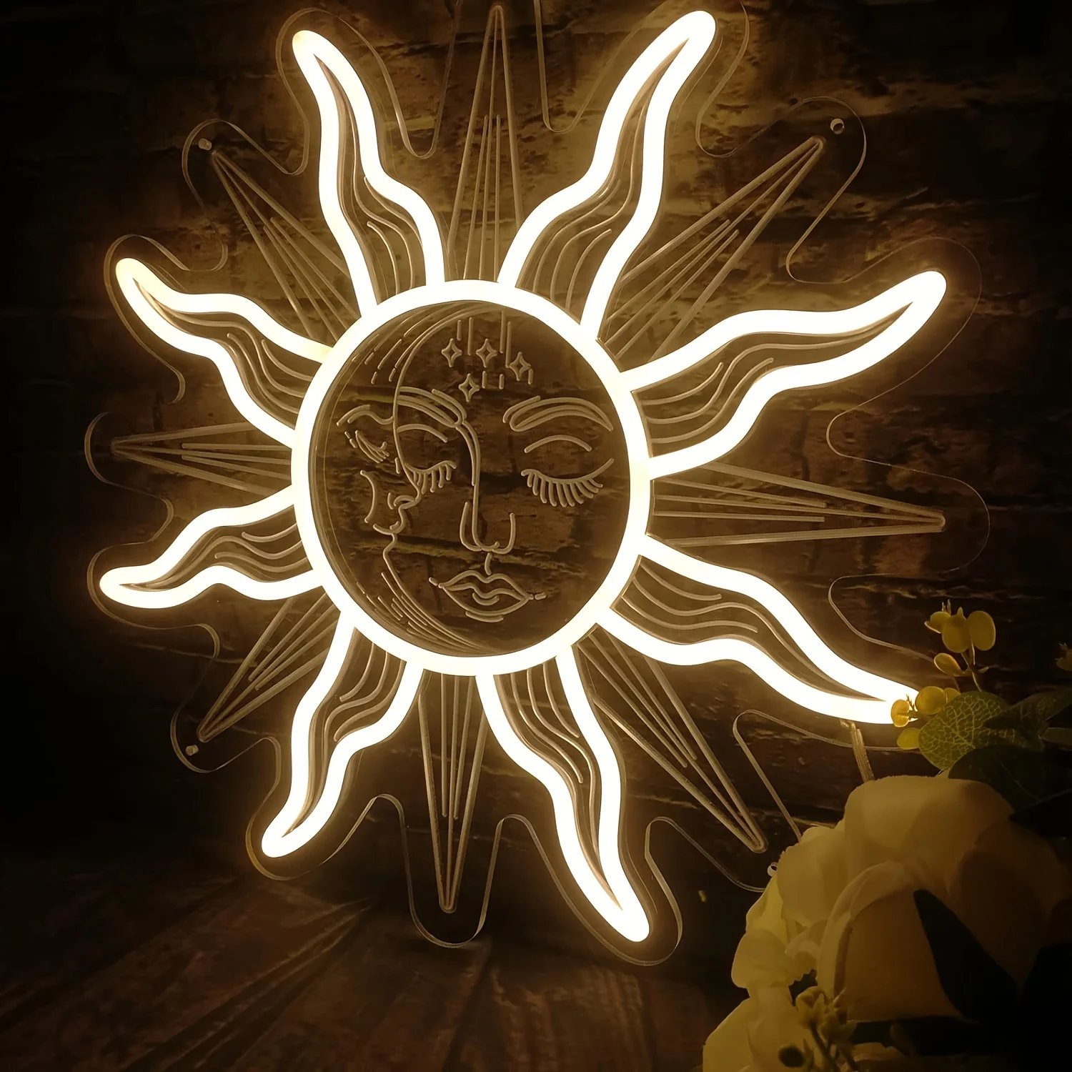 Bohemian Sun & Moon Neon Sign, Retro Burning Sunflower LED Light, Wall Hanging Decor for Bedroom, Living Room, Multipurpose