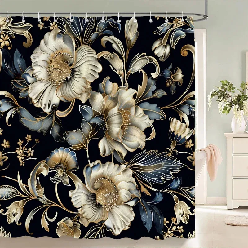 

JHB23Home shower curtains for bathroom waterproof fabric Black and gold Flower bathroom Curtains with hooks decorative curta9Kj(