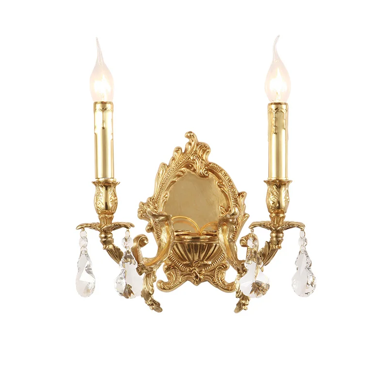 European Antique Brass Wall Lamp Hotel Romm Aisle Corridor Bedroom Bedside Copper Crystal Double Wall Sconce Light