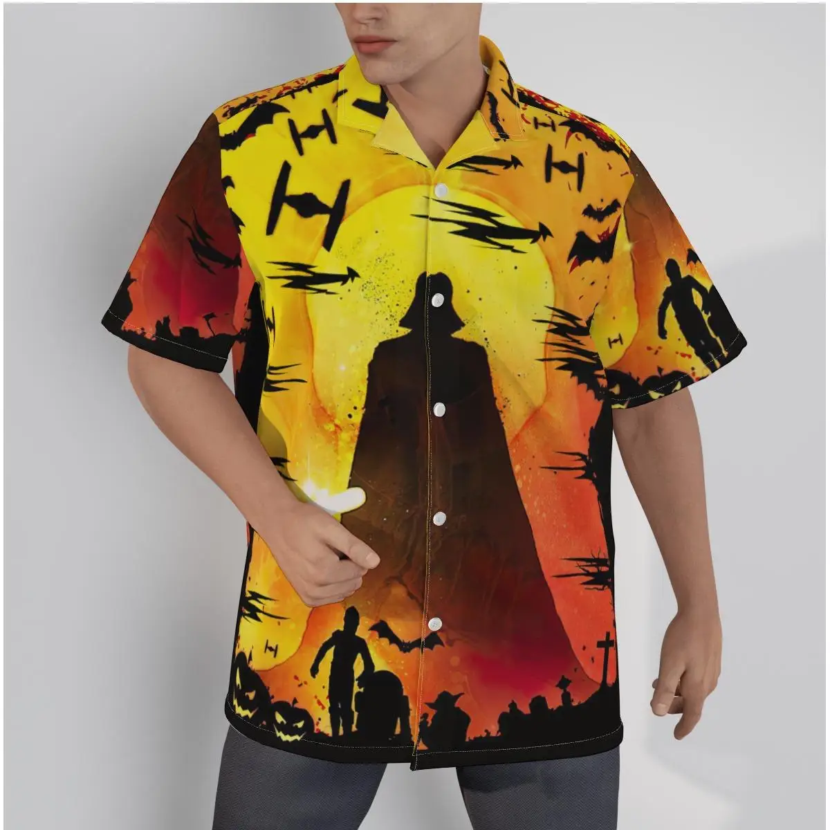 Men\'s Hawaiian Yellow Shirt Creative Mountains Print Beach Short Sleeve Summer Casual Button Up Patchwork Tops 3D Shirts