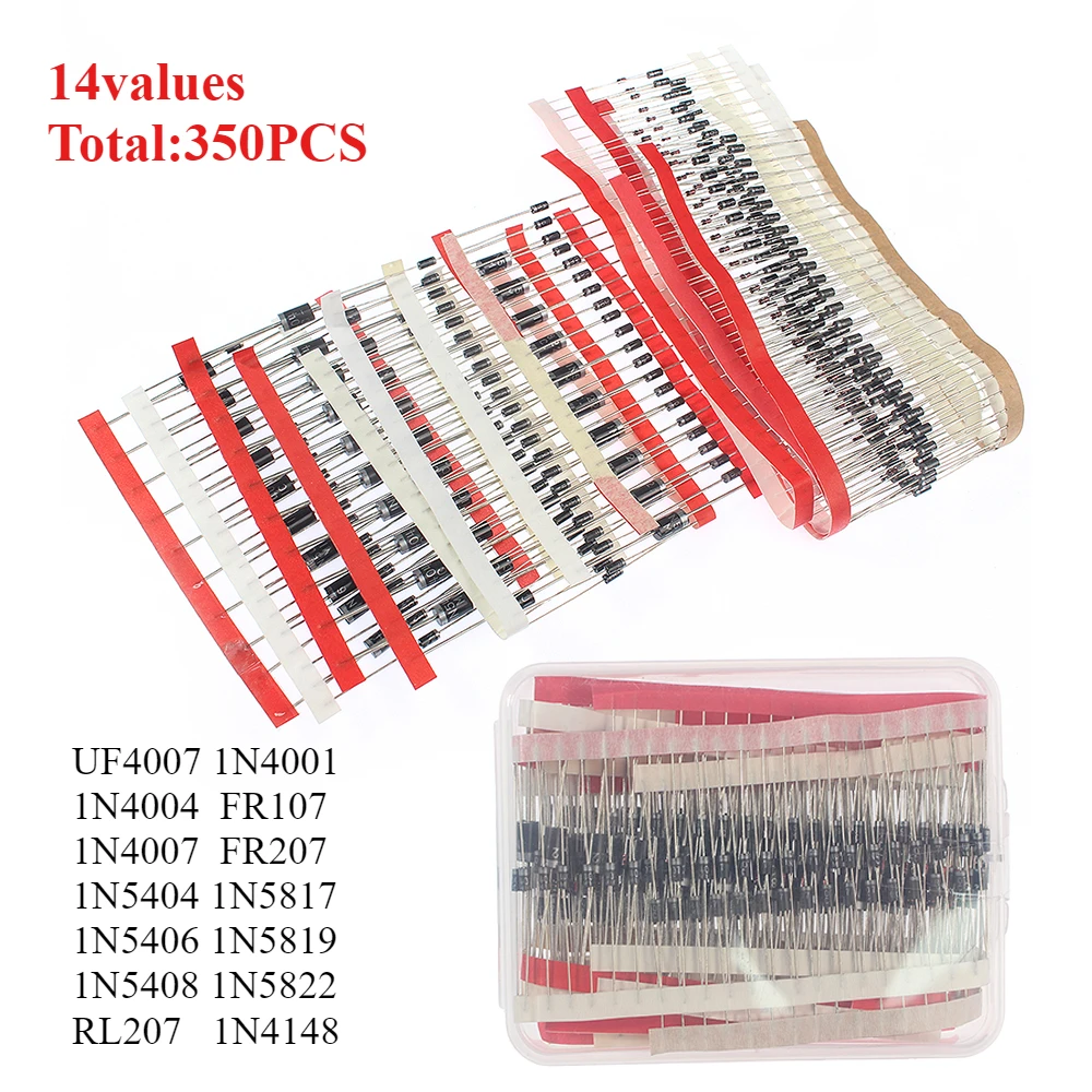 350PCS Gleichrichterdiode 1N4148 1N4001 1N4004 1N4007 1N5404 1N5406 1N5408 RL207 UF4007 FR107 FR207 1N5817 Schottky Dioden Kit