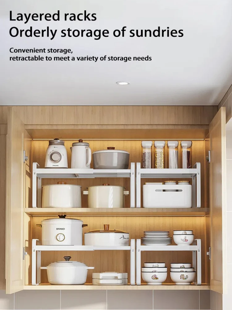 Kitchen Retractable Racks Cabinet Dish Pans Snacks Cookware Storage Shelves Space-Saving Single Layer Countertop Tableware Shelf