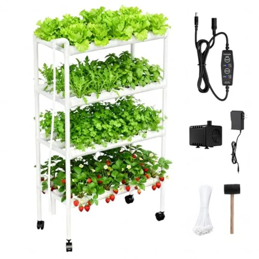 

Hydroponics Growing System Kit with Wheels 108 Plant Sites Gardening Aquaponics Tower 4-Tier Food-Grade PVC-U Pipes Water Pump