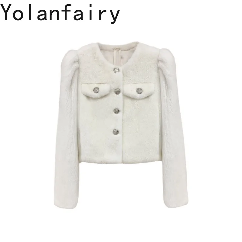 YOLANFAIRY Winter Fur Jacket Velvet Mink Fur Coat Women Short Whole Mink Furry Overcoat Round Neck tops for woman Outerwear Шуба