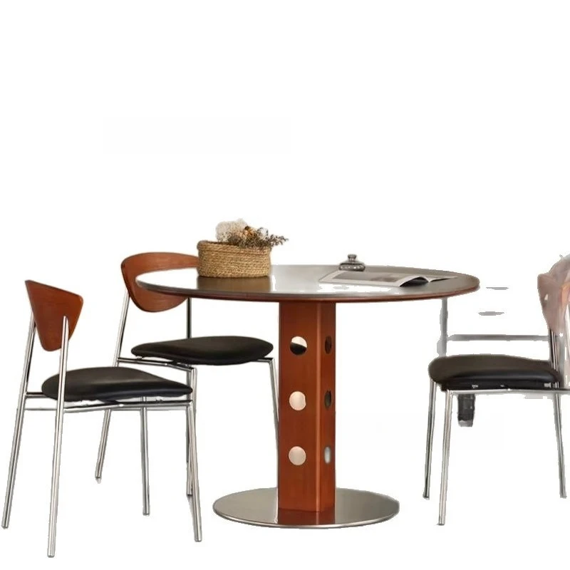 

Medieval round table retro metal round household dining table Nordic Bauhaus solid wood rock slab dining table antique small