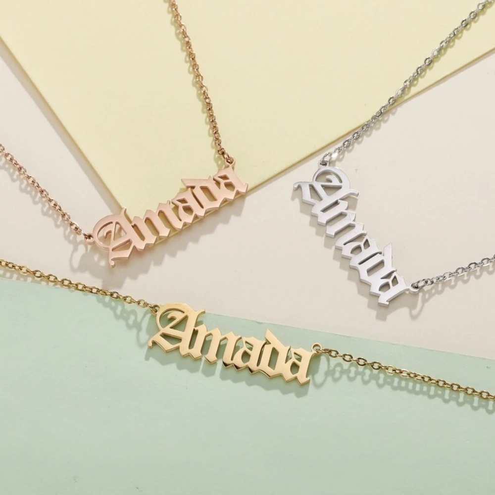 Custom Name Necklaces for Women Stainless Steel Jewelry Personalized Old English Letter Nameplate Pendant Choker Christmas Gifts