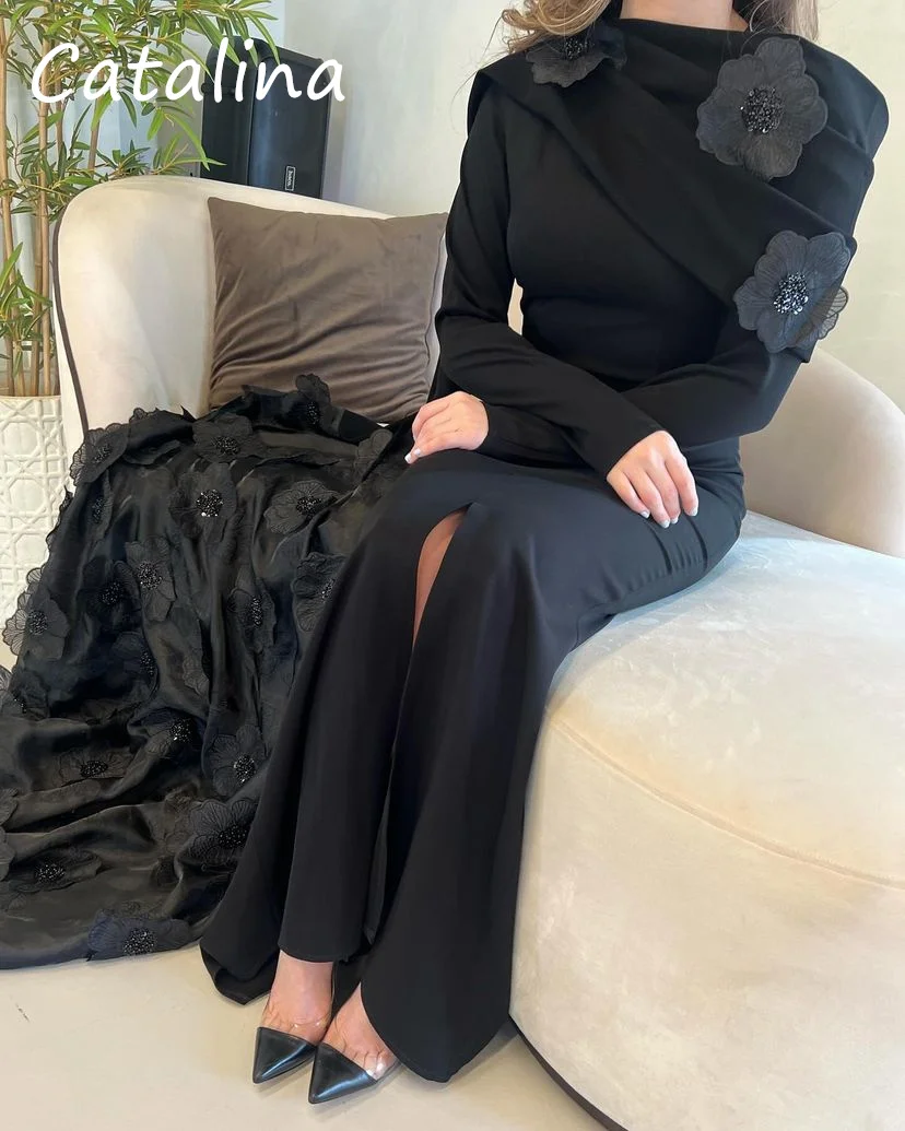 Luxury Prom Dresses Black Flower O Neck Long Sleeve A Line Evering Dress For Woman Custom Saudi Arabia Formal Party Dress 2024