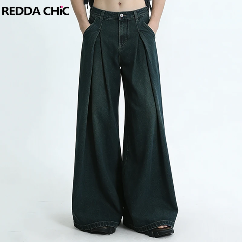 

REDDACHIC Vintage Pleated Front Men's Baggy Jeans Pockets Do Old Washed High Waist Loose Wide Leg Pants Casual Everyday Wear