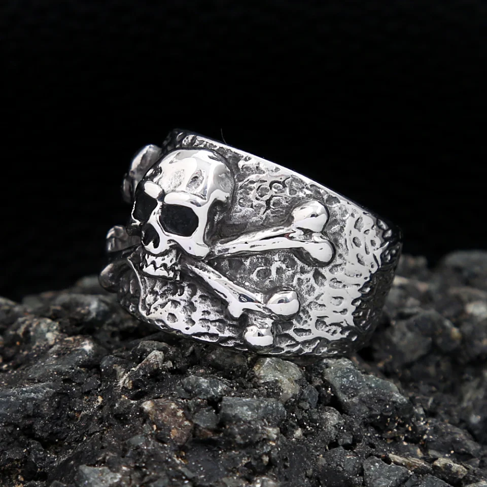Punk Vintage Stainless Steel Crossbones Pirate Skull Ring For Men Boys Biker Hip Hop High Quality Fashion Jewelry Gift Wholesale