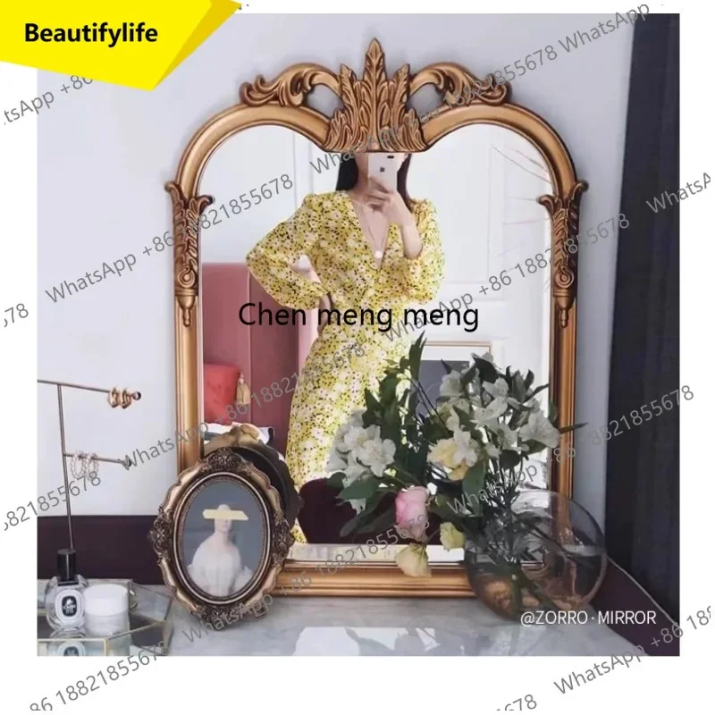 

6239 French retro fireplace decorative mirror carved gold bathroom mirror bedroom wall hanging vanity mirror