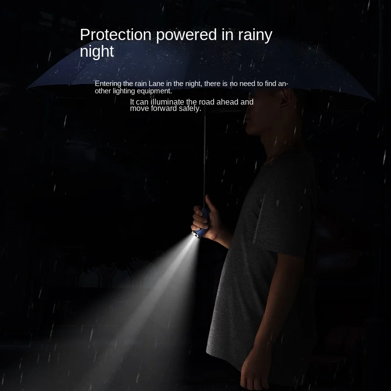 Sun-proof Automatic Umbrella Plus Ten Bones, Sunny and Rainy Dual-purpose Black Rubber Folding Sunshade, Rotating LED Flashlight