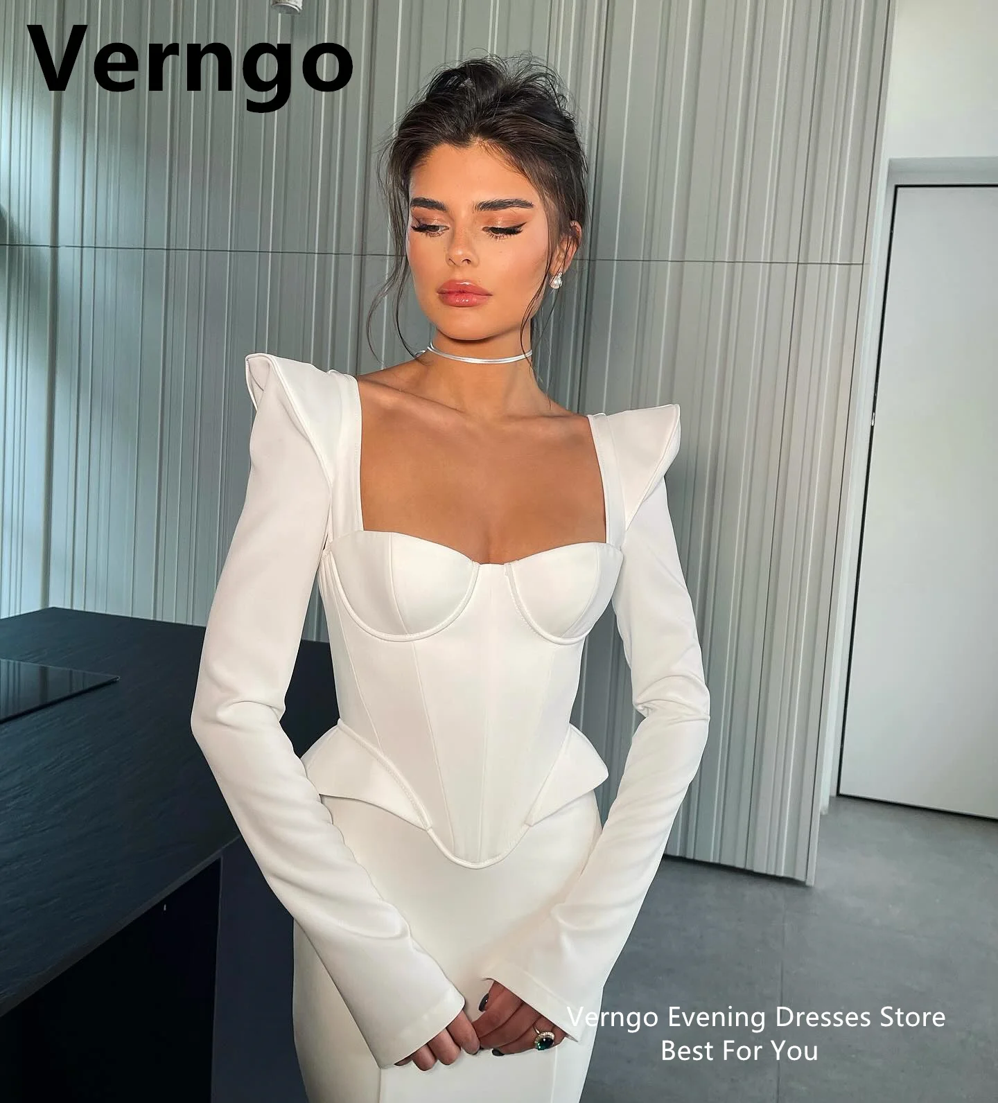 Verngo White Satin Evening Dress For Women Square Collar Full Sleeves Prom Gowns Simple Mermaid Formal Dress