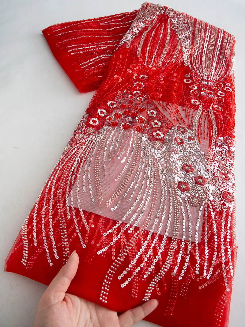 

Luxury French Mesh Lace Fabric High Quality African Beaded Lace Embroider Fabrics Sequins For Sew Wedding Dresses, 2.5yards 4546