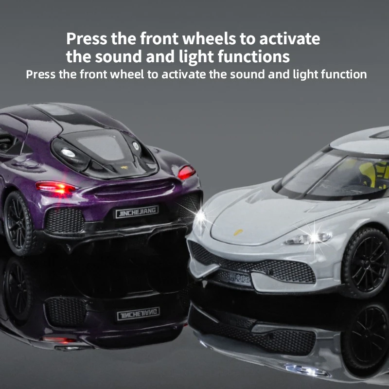 โมเดลรถสปอร์ตโลหะผสม 1:24 โคเอนิกเซ็ก จีมินี พร้อมเสียง แสง ฟังก์ชั่นเปิดประตู และฟังก์ชั่นดึงหลังสำหรับเด็ก