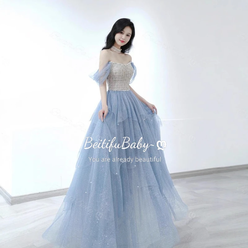 

BeitifuBaby Banquet Evening Dress for Women Elegant Princess Style Off The Shoulder Tiered Skirt Organza Ball Gown Party Dresses