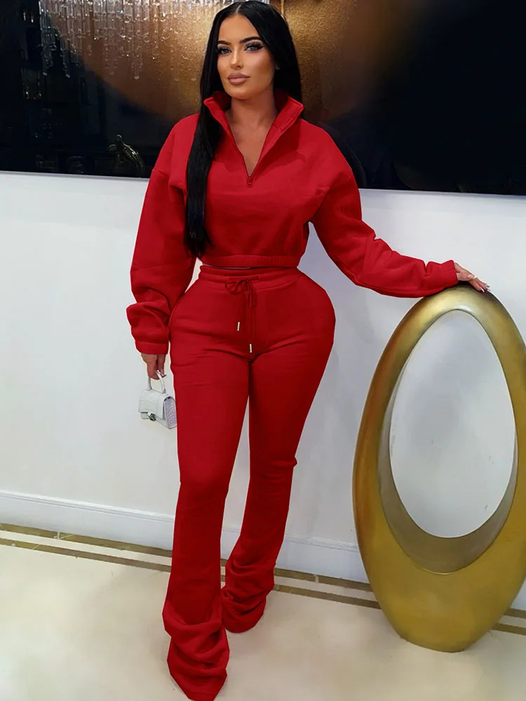 

Doyerl Solid Two Piece Set Woman Tracksuit Sporty Fitness Zipper Turtleneck Sweatshirt Top and Pants Workout Casual Outfits