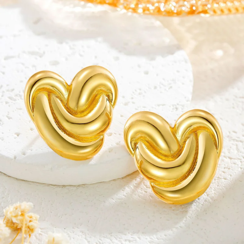 European and American ins style design sense 18k gold stainless steel strip heart pattern swirl shape versatile earrings for wom