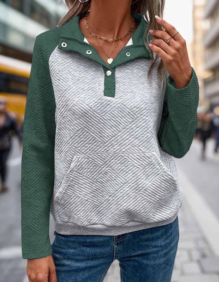 Sweatshirt wanita musim gugur, baju sweter lengan panjang kerah Turn-Down desain saku kasual tekstur sambungan memblokir warna baru 2025