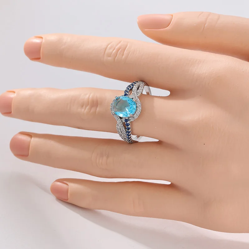 Eleganter Eingelegter Weißer Meeresblauer CZ Damenring Exquisiter Silberfarbener Geometrischer Ring für Tägliches Tragen Party-Schmuck Jubiläumsgeschenk – Detail 1