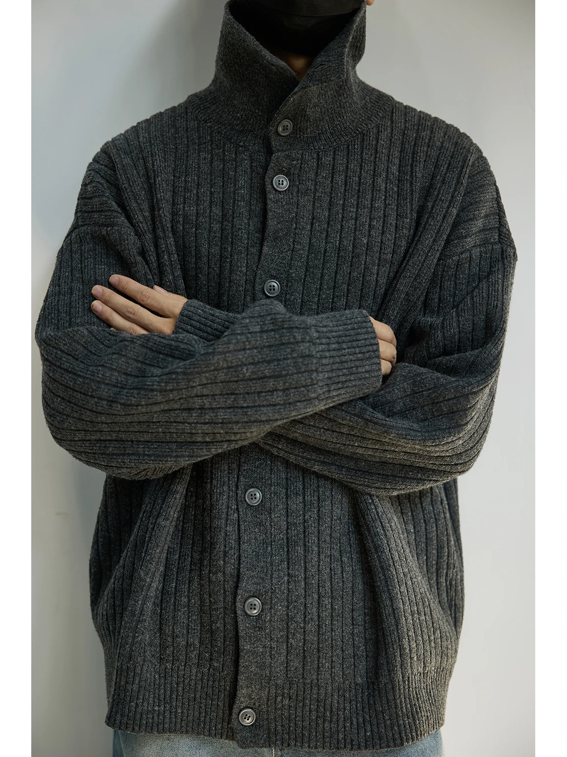 

LH Store Japanese Style Loose Fit Men's Knitwear Simple Color Stand Collar Sweater Casual Open Cardigan Warm Winter Top