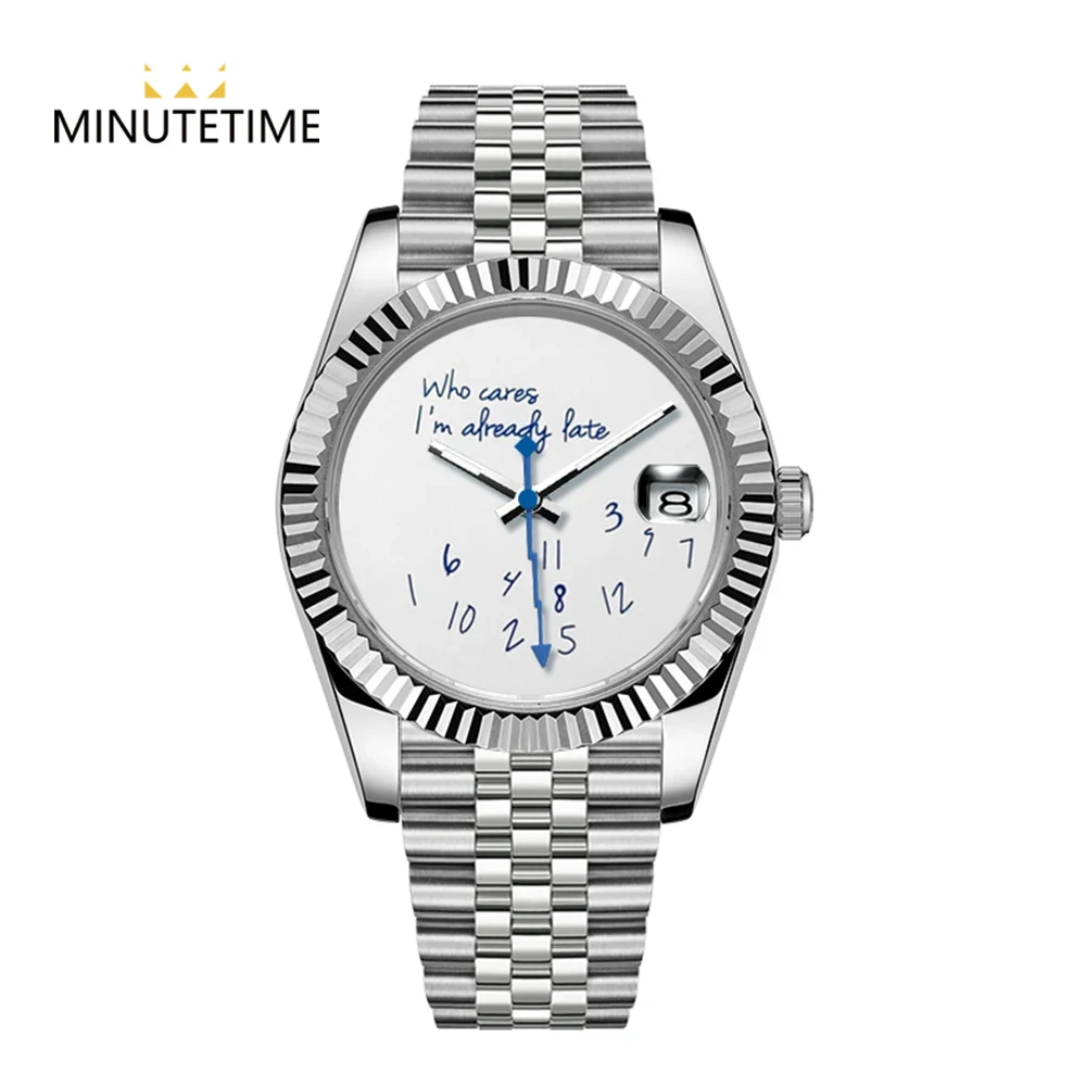 MINUTEsmen-Montre NH35 pour hommes qui se soucie, je suis déjà en retard, argent saphir cristal NH35A, mouvement automatique 39mm, aiguilles bleues en acier inoxydable