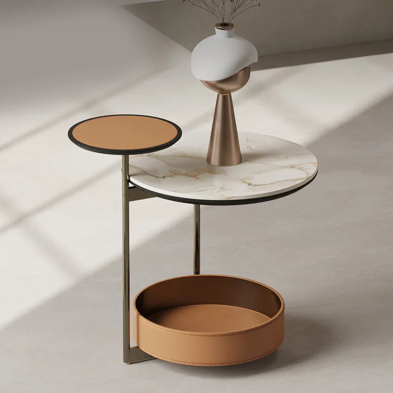 Designer Saddle Leather & Sintered Stone Side Table Modern Luxury 3-Tier Corner Coffee Table for Living Room Sofa
