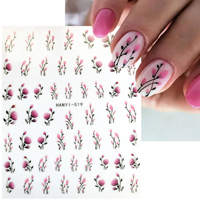 Pink 3D Nail Sticker Watercolor Flowers Rose Peach Summer Petal Decal For Nail Art Manicure Decoration