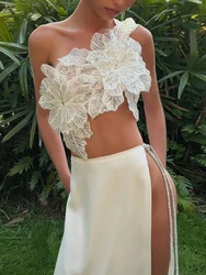 Nibber Frenulum Sequin Flowers 2 Piece Set Women Beach Vacation Y2K Chic Skew Collar Tank Tops+Bandage Maxi Split Skirts Suit