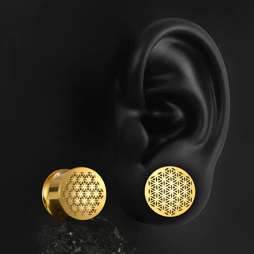 Giga 2PCS Flower of Life Ear Expander Stainless Steel Double Flared Piercing Plugs for Earlobe Body Gauges Earrings Jewelry