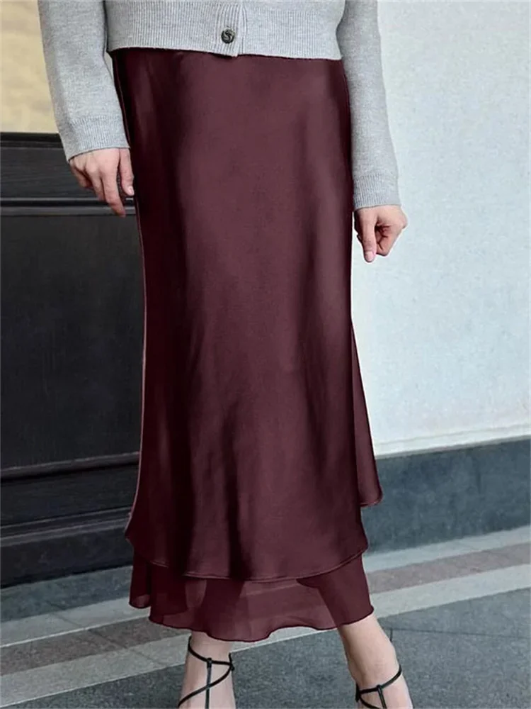 

Satin Ruffled High Waist Long Skirt Female Patchwork Solid Elegant Commute Streetwear Women's Summer 2025 New Maxi Skirt