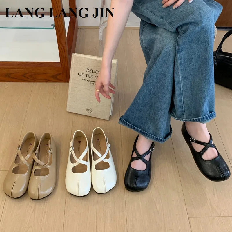 Fake Split Toe Cross Strap Mary Janes Flats Soft Leather Squre Buckle Ballet Shoes Elegant Sping Summer Women Daily Office Mujer