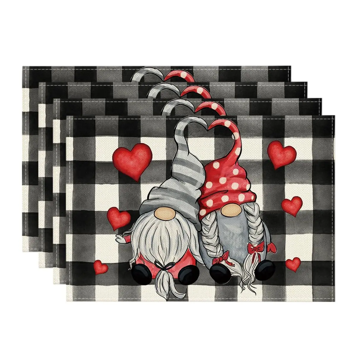 

Buffalo Plaid Hearts Gnomes Love Valentine's Day Table Runner/Placemats Set of 4, 12x18'' Anniversary Wedding Holiday Table Mats