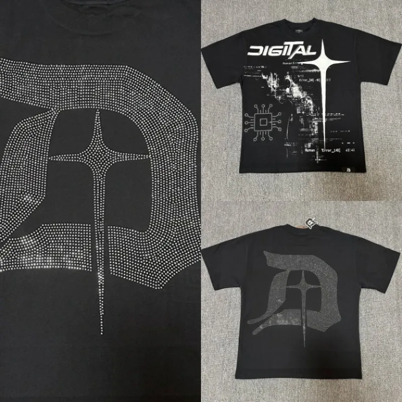 2026 New DIGITAL Men Cyber Graphic T Shirt Code Chip Star Glitch Figure Print Loose Street Tee High Quality Fast Delivery