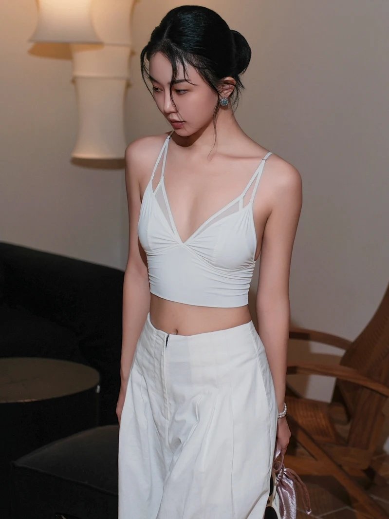 

MOONA Sexy Double Layer Me White Strap Vest Women Thin No Chest Pad Naked Feel Base Layer Beautiful Ba Bra Underwear