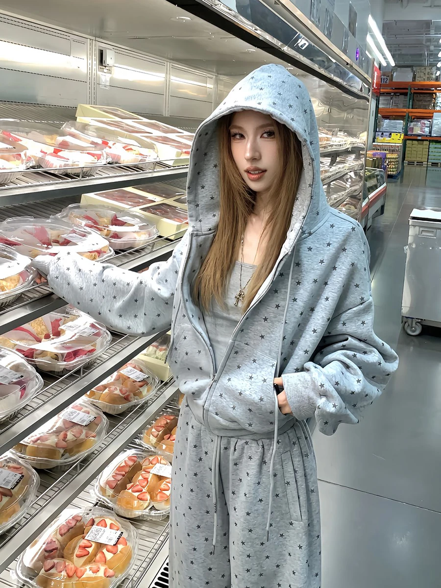 

Grey Star Print Hoodie Set Women's Spring 2026 New Loose Top Casual Pants Set Korean Style Fashionable Two-Piece Suit
