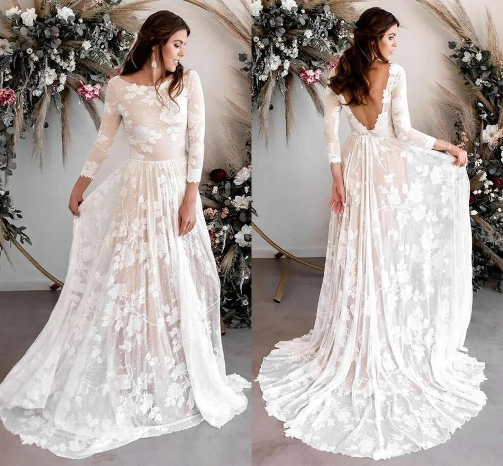 

Romantic Lace Tulle Bohemian Wedding Dresses Sexy Backless A Line Scoop Neck Appliques Quarter Sleeve Bridal Gowns Plus Size