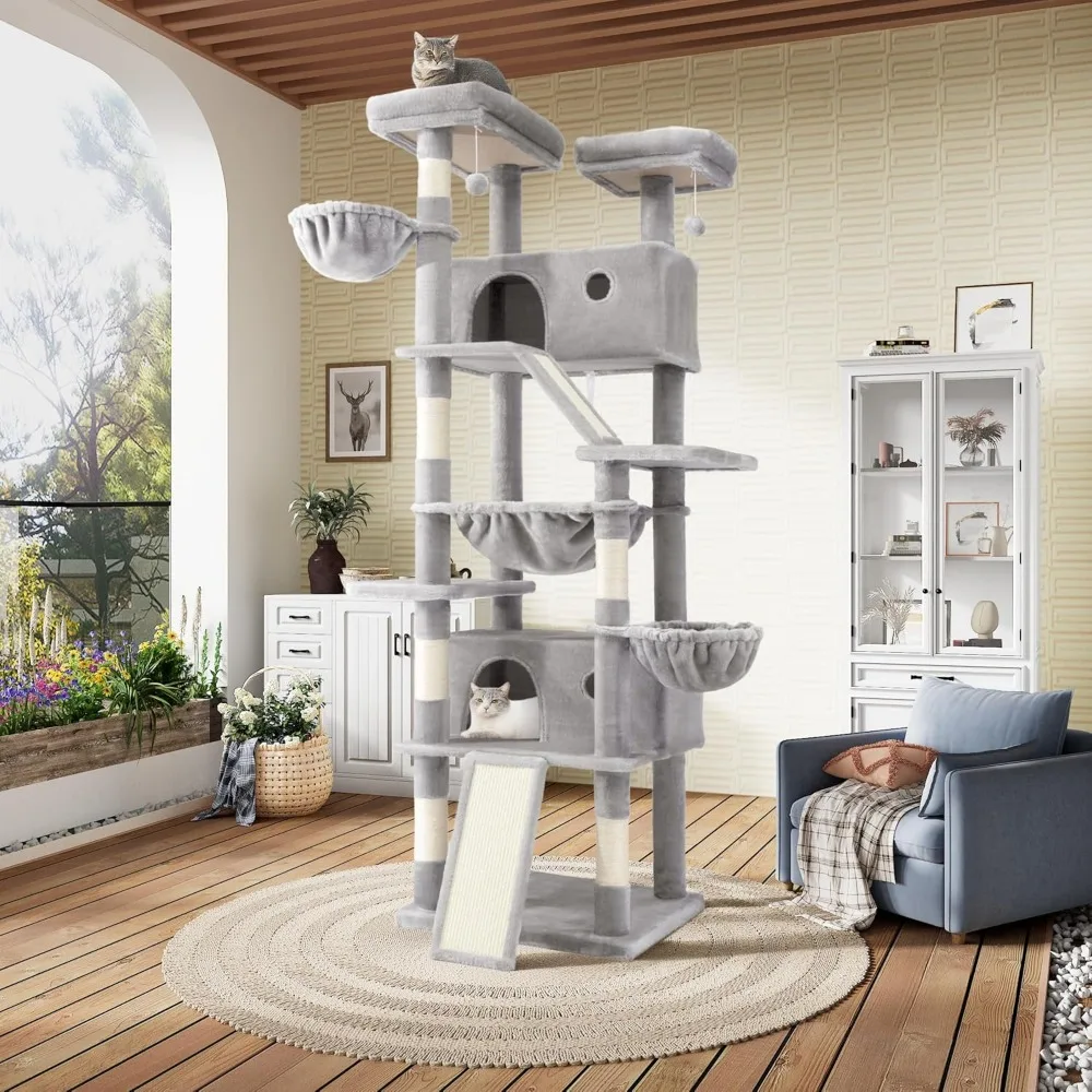 

81in Multi-Level Tall Cat Tree Tower for Indoor Kitties/Larger Cat Condo Furniture with Hammock/Cozy Pussycat Perches/Sisal Scr