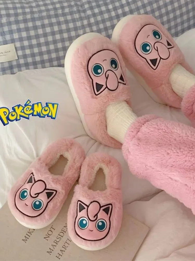 Anime Pokemon Pikachu Eevee Couple coton pantoufles hiver mignon dessin animé hommes femmes maison chaussures avec isolation en velours anti-dérapant