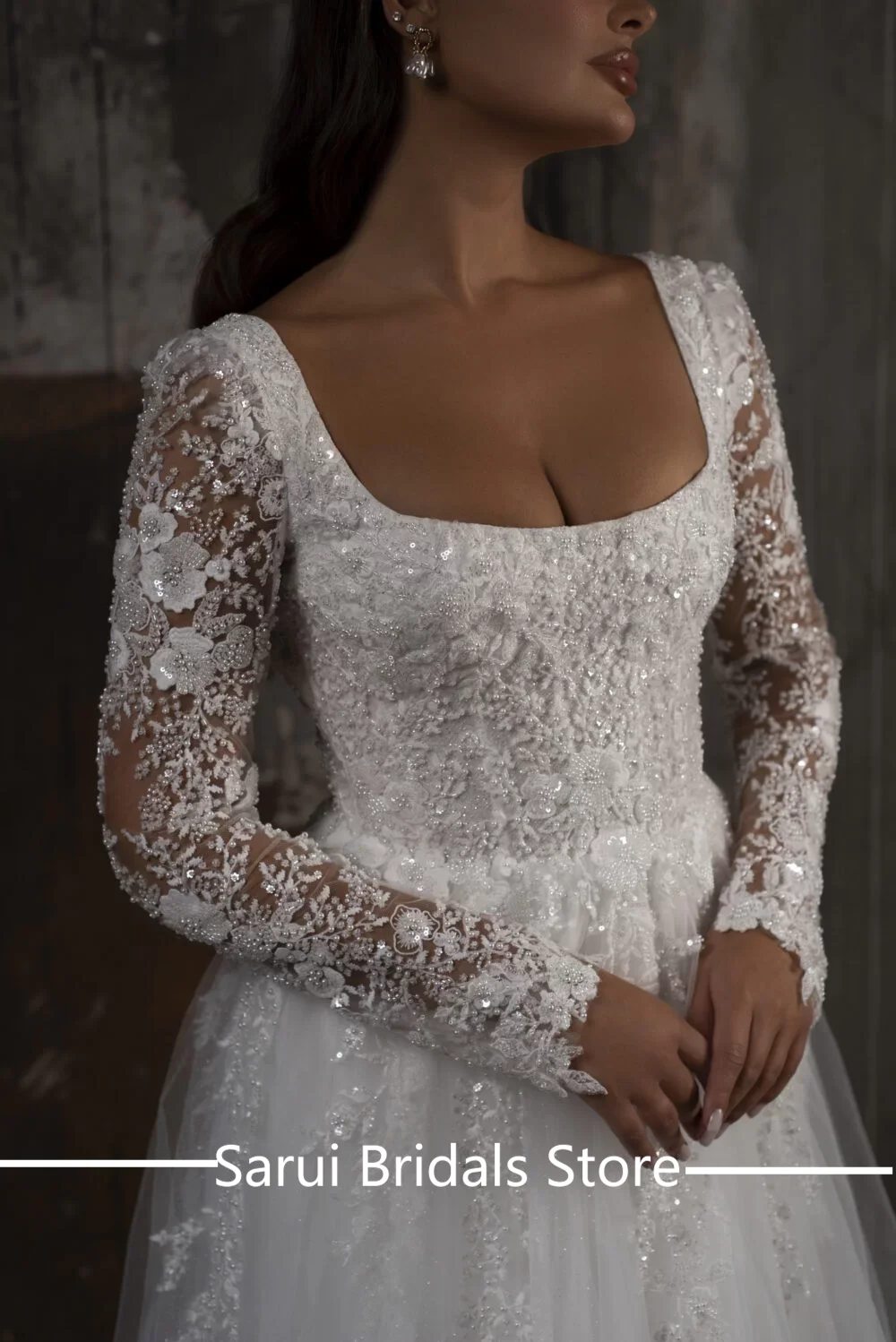 Robe de mariée en dentelle de tulle à col carré, robe dos nu, manches longues, personnalisée, élégante