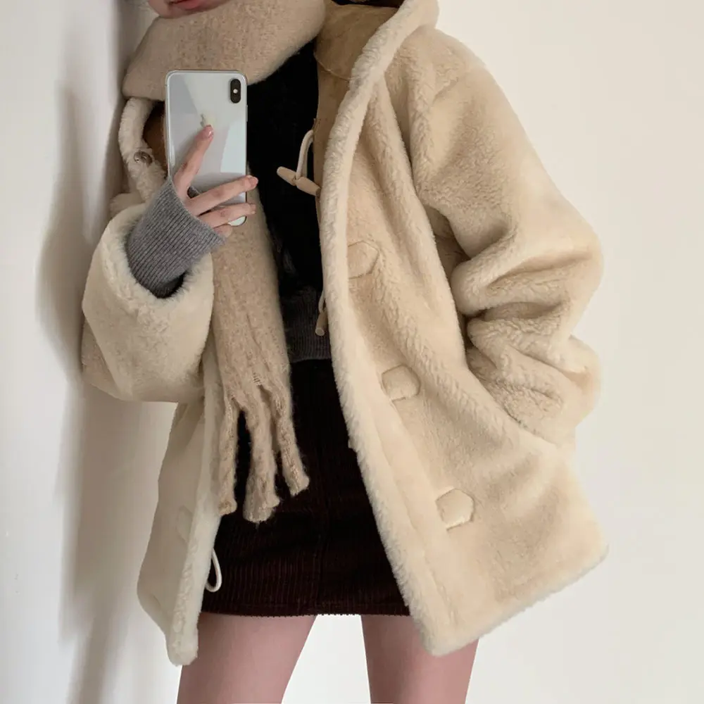 Thicken Wool Liner Winter Coat Jacket Women Hooded Loose Overcoat Horn Button Warm Outerwears 2023